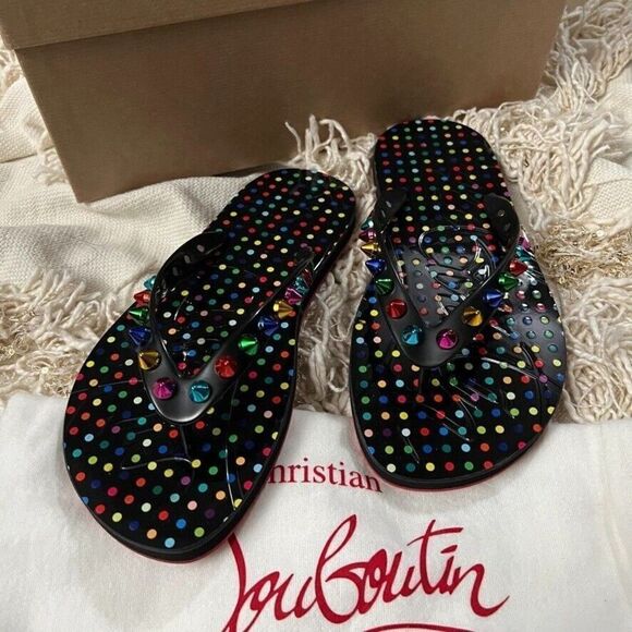 CHRISTIAN LOUBOUTIN Loubi Flip Flop Spikes Donna Flat Black Mix Studded - Picture 5 of 10